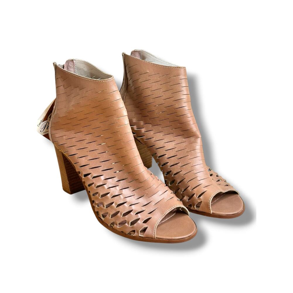 Piampiani Italy Perforated Caged Leather Ankle Boots Open Toe Block Heel IT 38